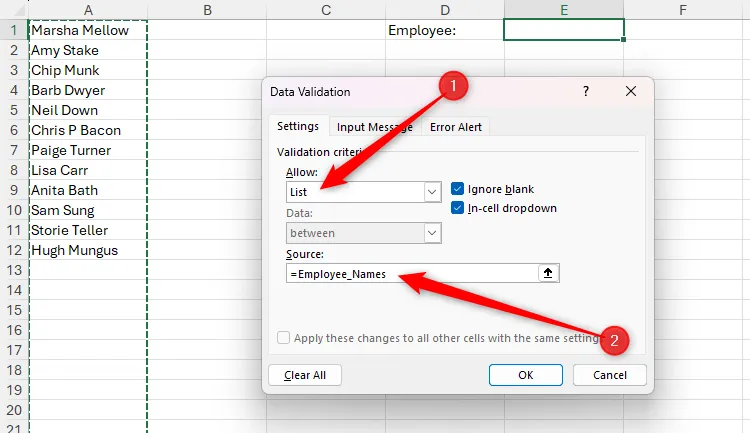 Hộp thoại Data Validation trong Excel hiển thị tên vùng 'Employee_Names' được chọn làm nguồn cho danh sách thả xuống.