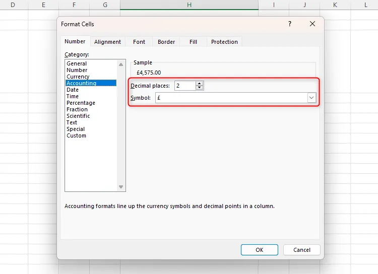 Hộp thoại định dạng kế toán Accounting trong Excel với các tùy chọn số thập phân và ký hiệu tiền tệ