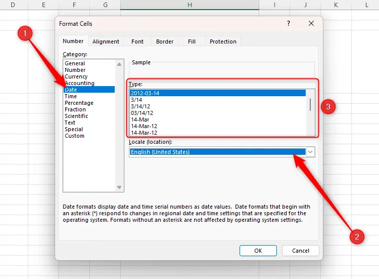Hộp thoại định dạng ngày tháng Date trong Excel với cài đặt vùng miền Hoa Kỳ và các kiểu định dạng khác nhau