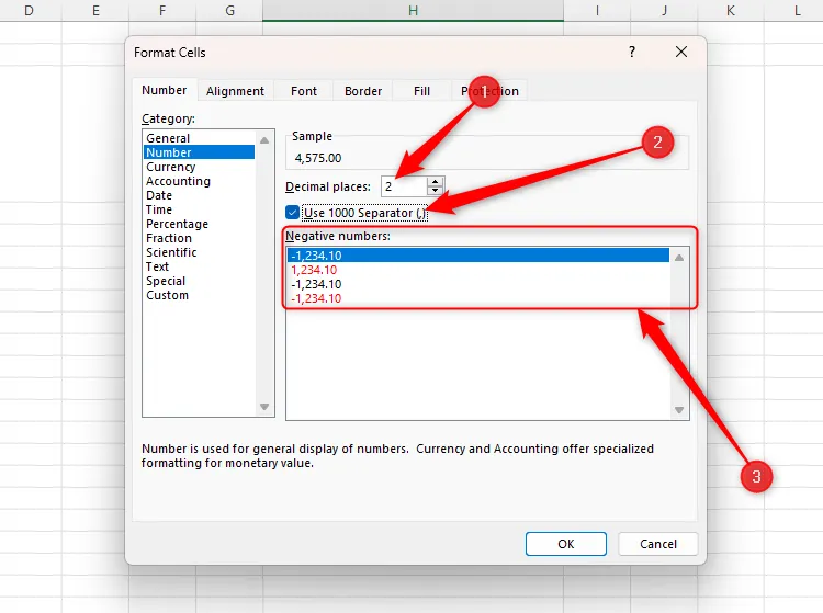 Hộp thoại định dạng số Number trong Excel với các tùy chọn số thập phân, dấu phân cách và hiển thị số âm