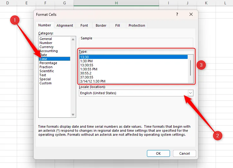 Hộp thoại định dạng thời gian Time trong Excel với cài đặt vùng miền Hoa Kỳ và các kiểu định dạng khác nhau