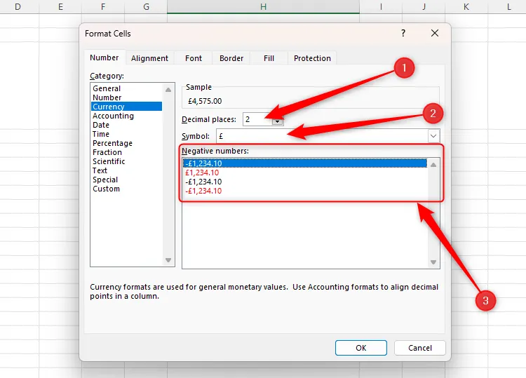 Hộp thoại định dạng tiền tệ Currency trong Excel với các tùy chọn số thập phân, ký hiệu tiền tệ và hiển thị số âm