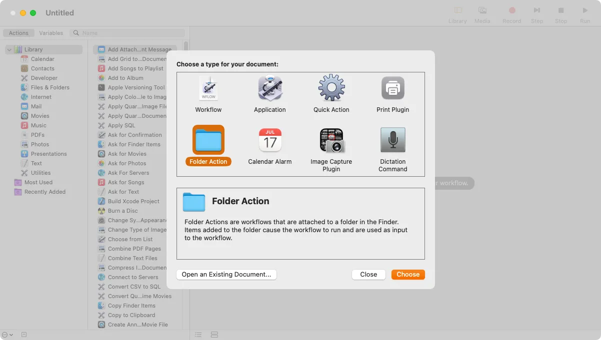 Hộp thoại lựa chọn loại tài liệu trong Automator, bao gồm Workflow và Quick Action, khi bắt đầu tạo một tác vụ tự động hóa mới.