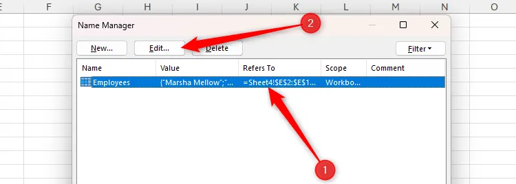 Hộp thoại Name Manager trong Excel hiển thị một tên vùng được chọn và nút 'Edit' được tô sáng, sẵn sàng cho việc chỉnh sửa.