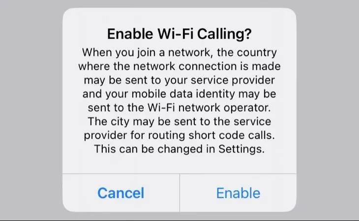 Hộp thoại xác nhận kích hoạt tính năng gọi điện qua Wi-Fi trên iPhone.