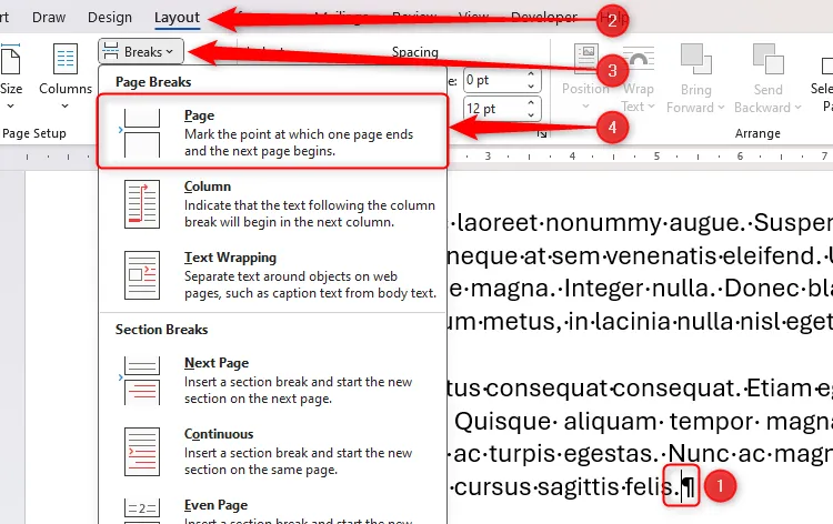 Hướng dẫn chèn Page Break trong Word: Con trỏ tại cuối đoạn, chọn Layout &gt; Breaks &gt; Page.