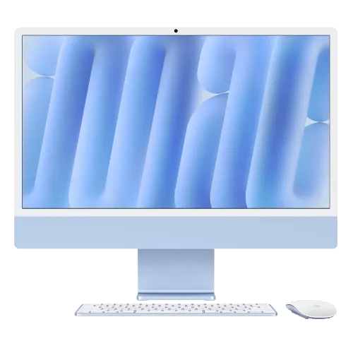 iMac 24 inch (M4) màu xanh dương đang hiển thị một hình ảnh đầy màu sắc trên màn hình.