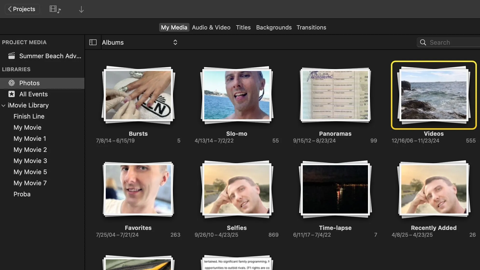 iMovie trên Mac hiển thị các video từ thư viện ứng dụng Ảnh trong trình duyệt đa phương tiện.