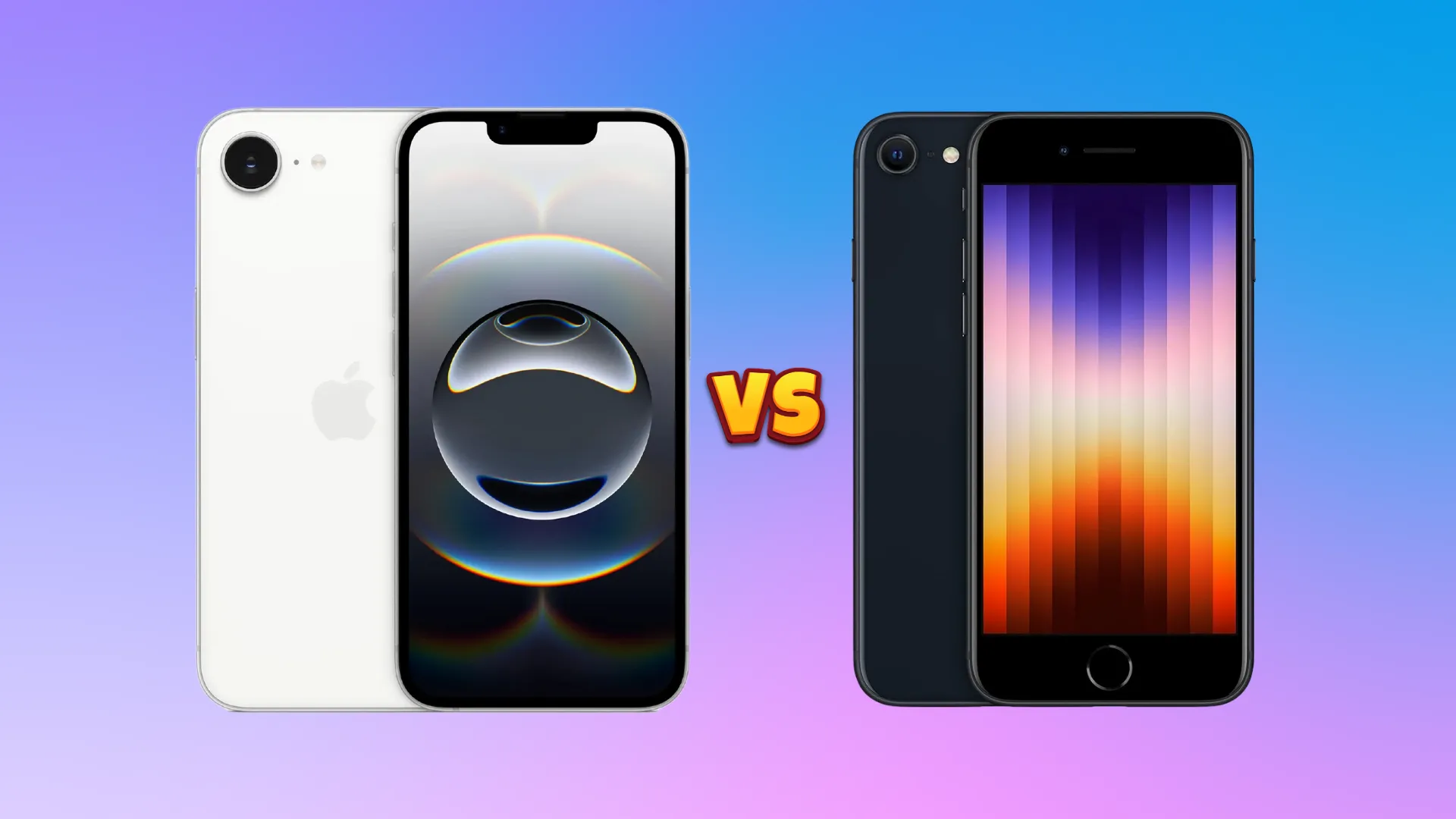iPhone 16e và iPhone SE 3 được đặt cạnh nhau với biểu tượng so sánh.
