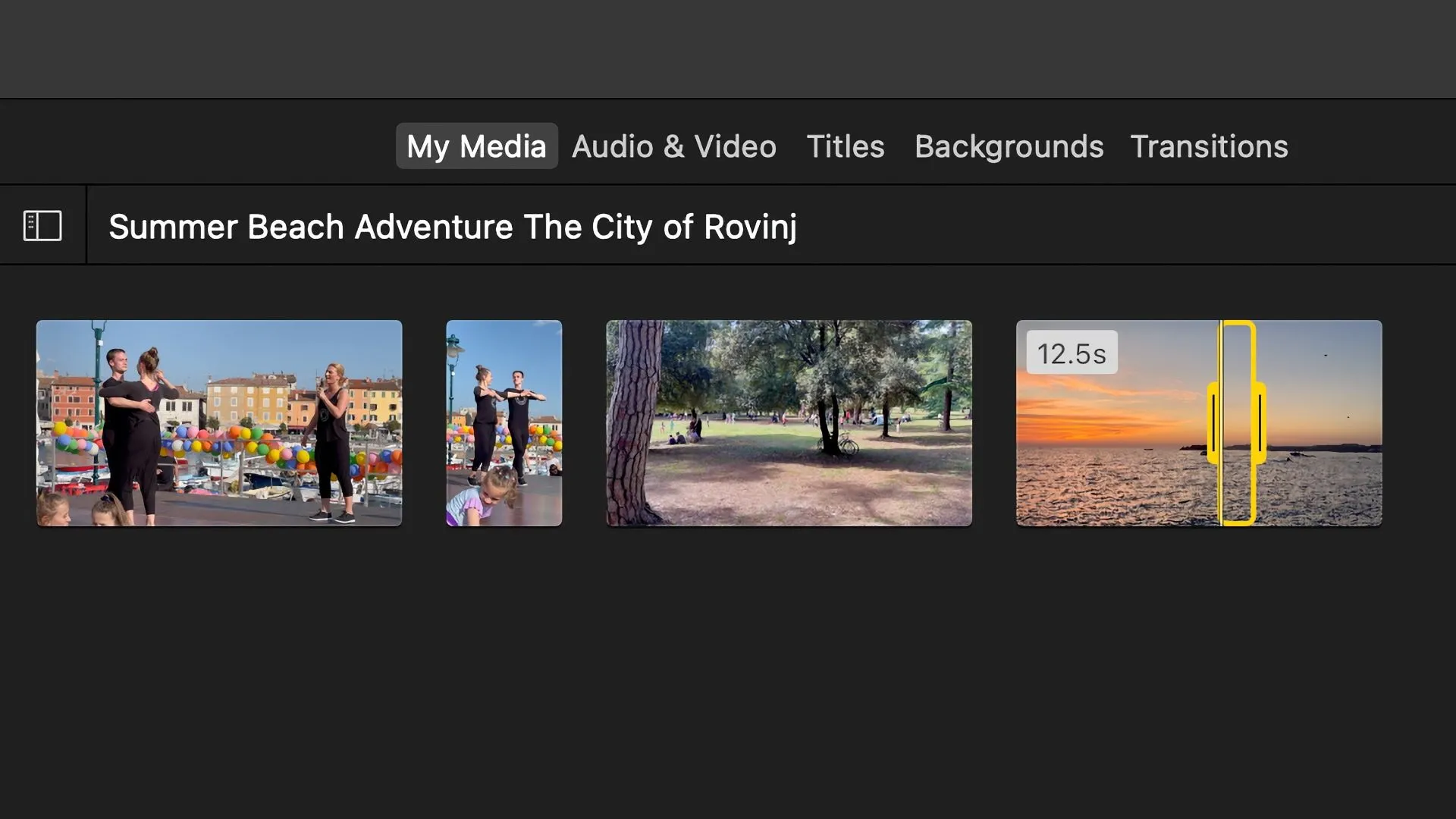 Kéo các thanh chọn màu vàng để điều chỉnh phạm vi video tùy chỉnh trong iMovie trên Mac.