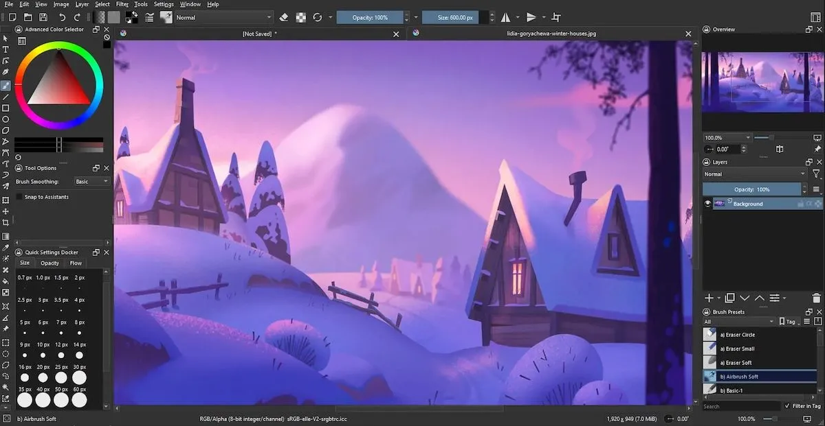 Krita, phần mềm vẽ kỹ thuật số, hiển thị giao diện làm việc với một tác phẩm nghệ thuật số đầy màu sắc.
