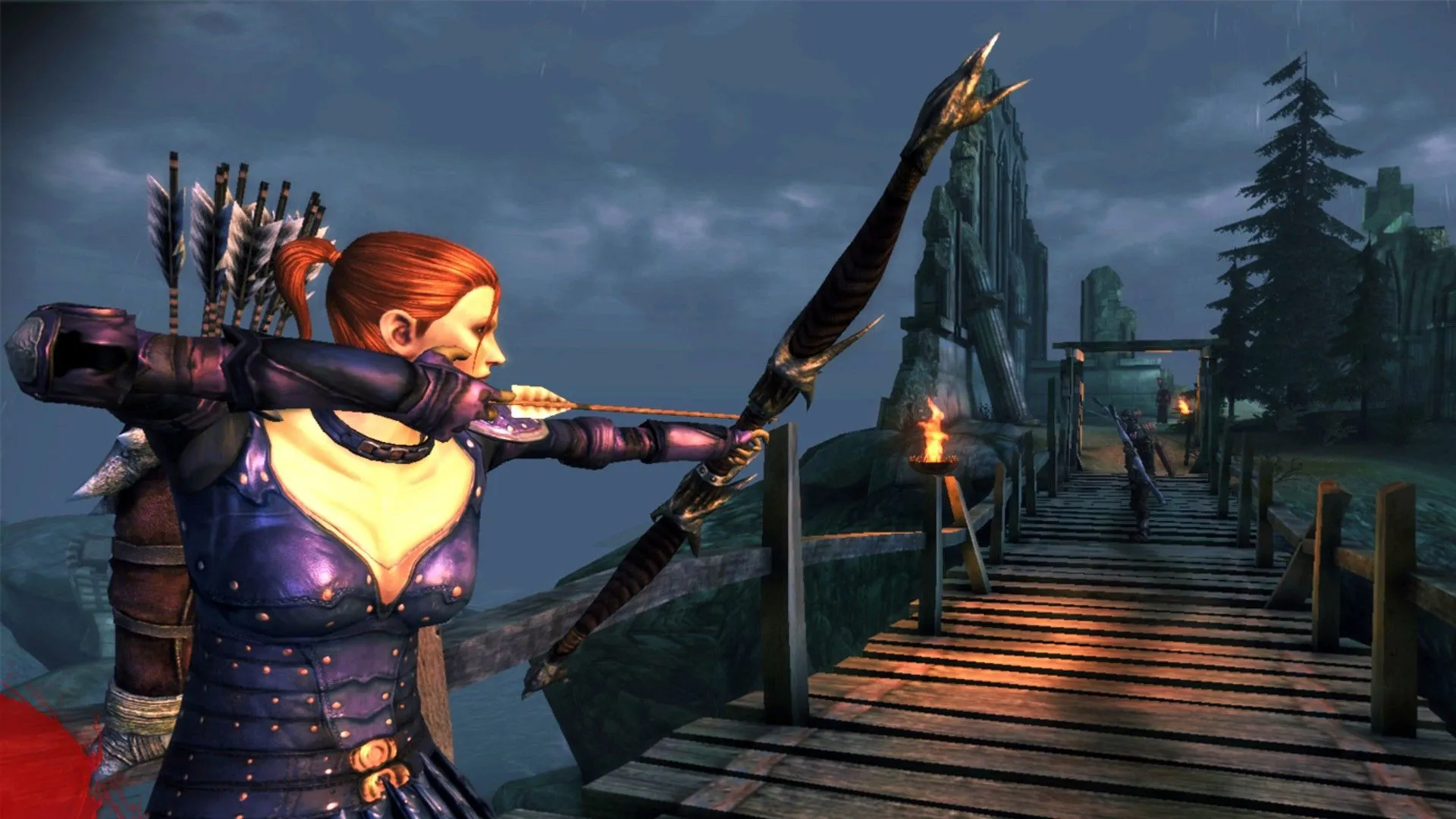 Leliana chuẩn bị bắn cung trong Dragon Age Origins, một bạn đồng hành tiềm năng cho tình yêu.