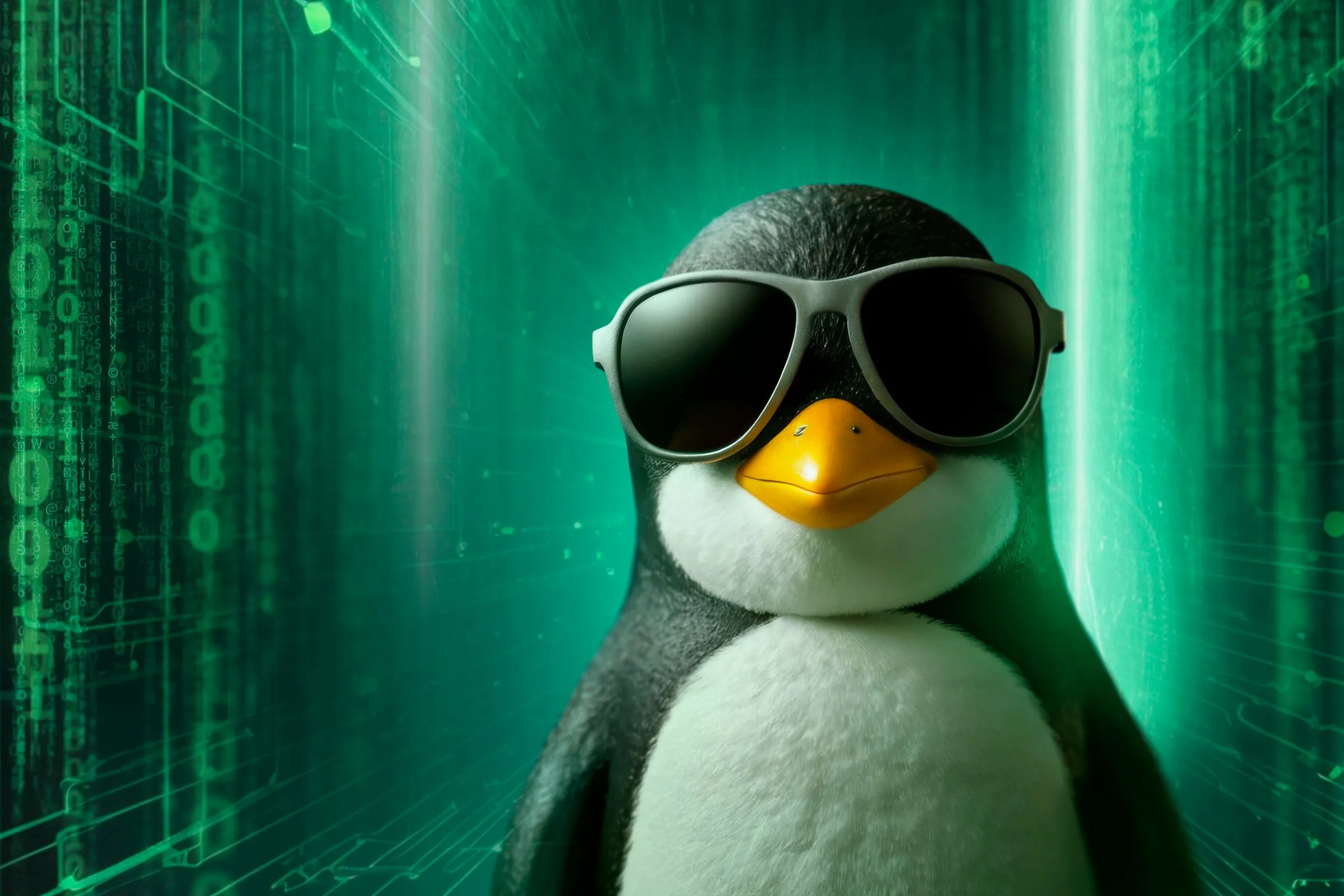 Linh vật Linux Tux đeo kính râm trên nền ma trận, biểu tượng cho sự thông thái và kiểm soát hệ thống.