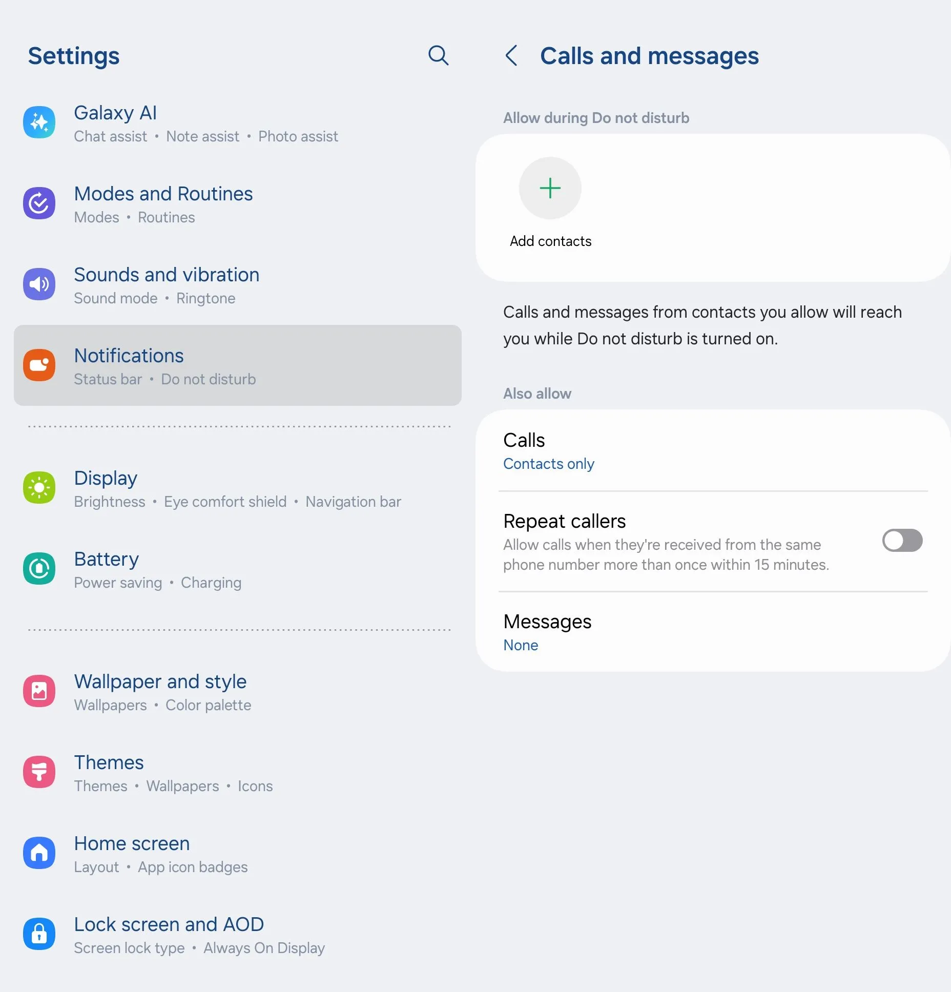 Màn hình cài đặt &quot;Không Làm Phiền&quot; trên Android, hiển thị các tùy chọn quản lý cuộc gọi và tin nhắn được phép xuyên qua chế độ.