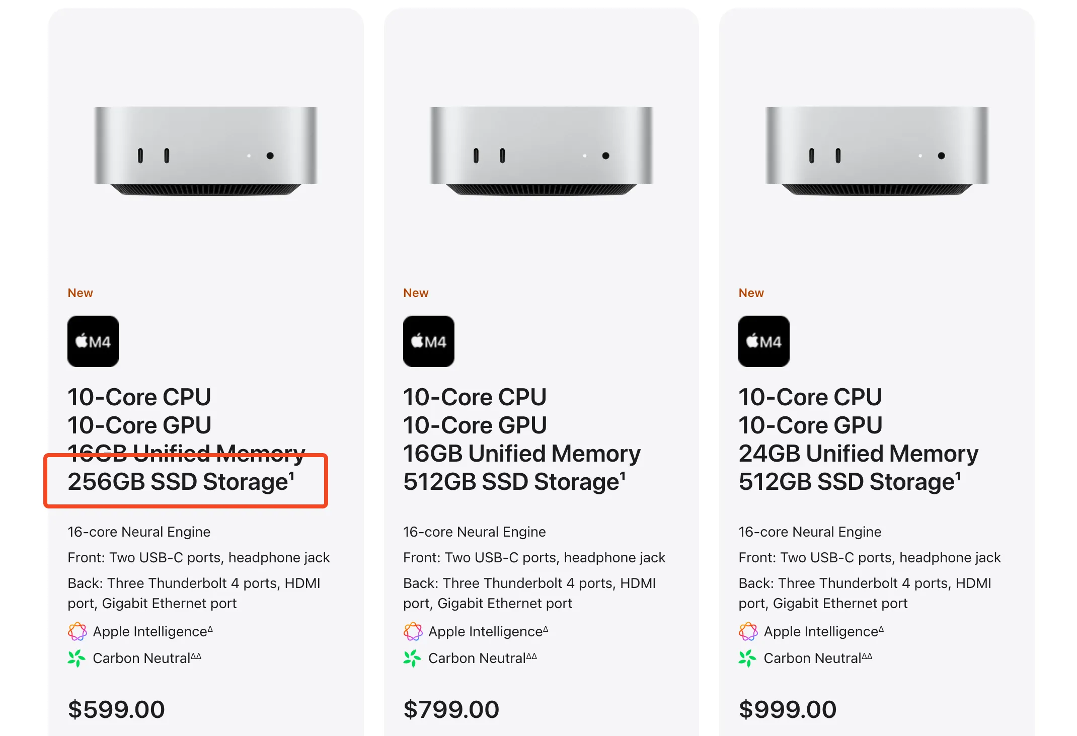 Màn hình cấu hình Mac mini cơ bản với 256GB dung lượng lưu trữ trên Apple Store trực tuyến.
