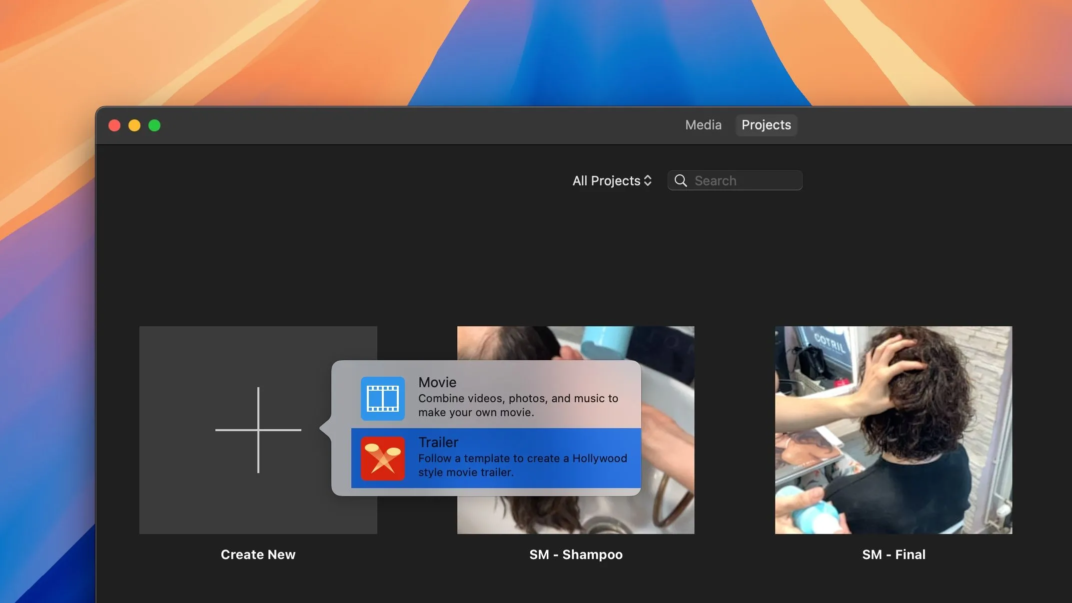 Màn hình dự án iMovie trên Mac với tùy chọn tạo trailer phim mới được chọn.