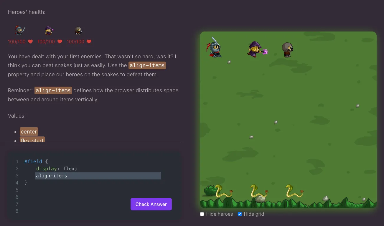 Màn hình game Flexbox Adventure với các nhân vật và kẻ thù trên bản đồ, cùng hướng dẫn và ô code CSS.