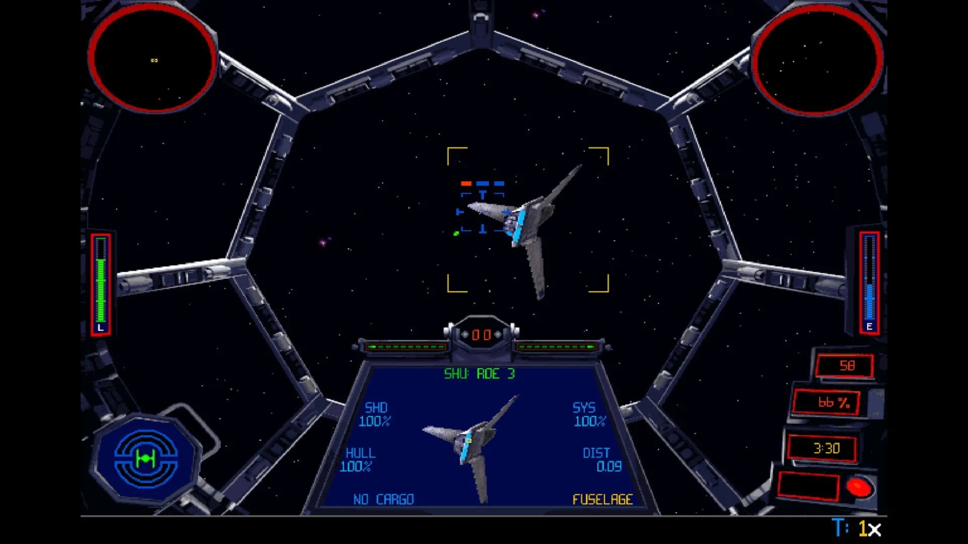 Màn hình gameplay của Star Wars: TIE Fighter Special Edition, tái hiện trận không chiến giữa phi thuyền TIE Fighter và các chiến đấu cơ Nổi dậy.