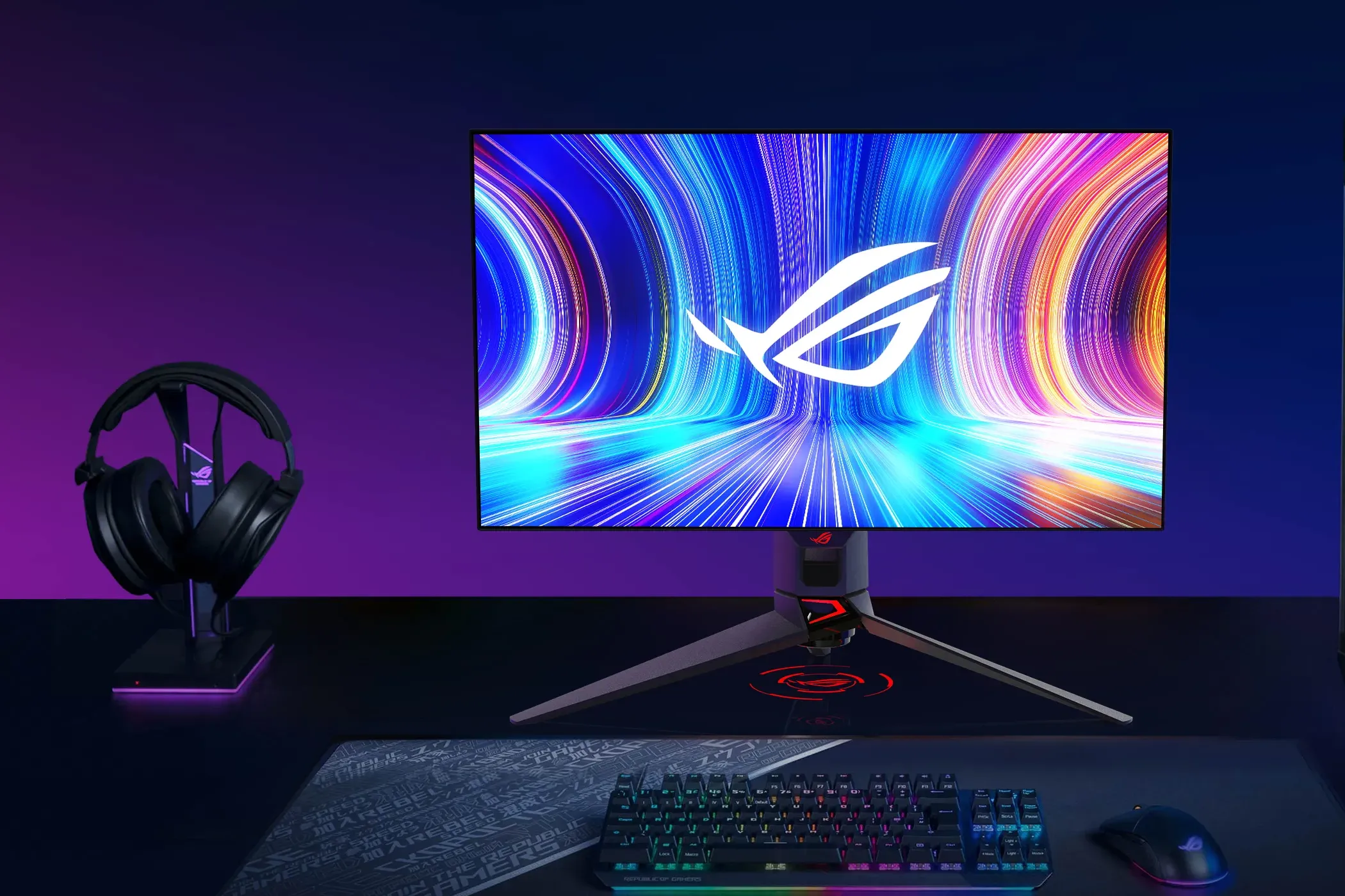 Màn hình gaming ASUS ROG Swift PG27AQDP 27 inch OLED đặt trên bàn làm việc, thể hiện thiết kế cao cấp và hiệu suất vượt trội.