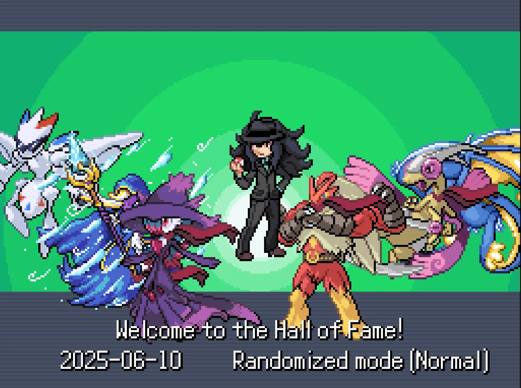 Màn hình Hall of Fame hiển thị đội hình Pokémon hợp thể đã chiến thắng trong Pokémon Infinite Fusion.