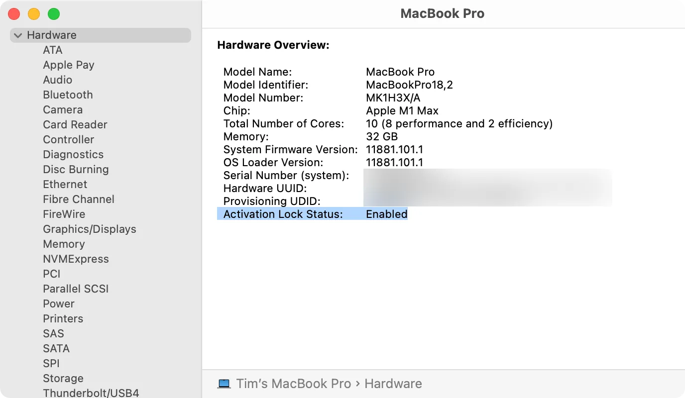 Màn hình hiển thị trạng thái Activation Lock &quot;Disabled&quot; (Đã tắt) trong System Information trên MacBook Pro, minh chứng máy đã sẵn sàng cho chủ mới.