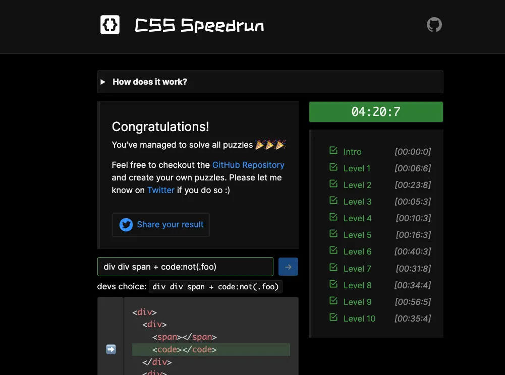 Màn hình kết quả game CSS Speedrun hiển thị lời chúc mừng và thời gian hoàn thành 10 cấp độ.