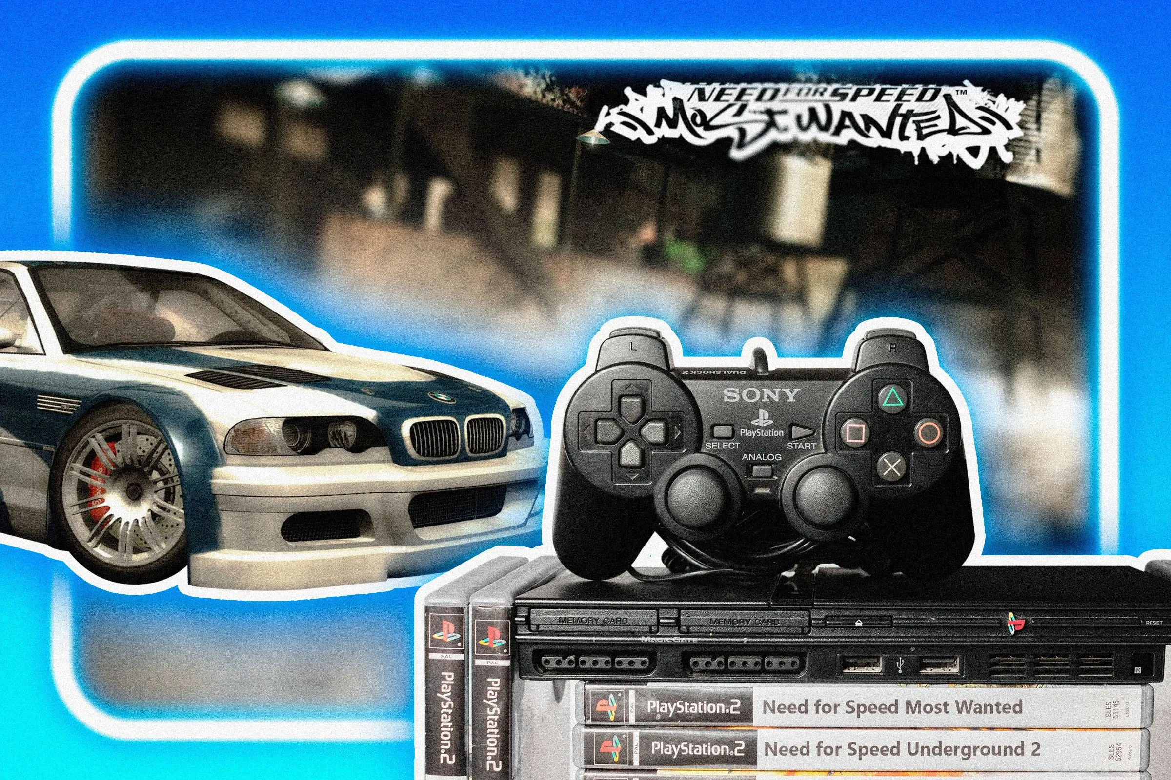 Màn hình khởi động của Need for Speed Most Wanted với ánh sáng neon và bộ điều khiển PlayStation 2