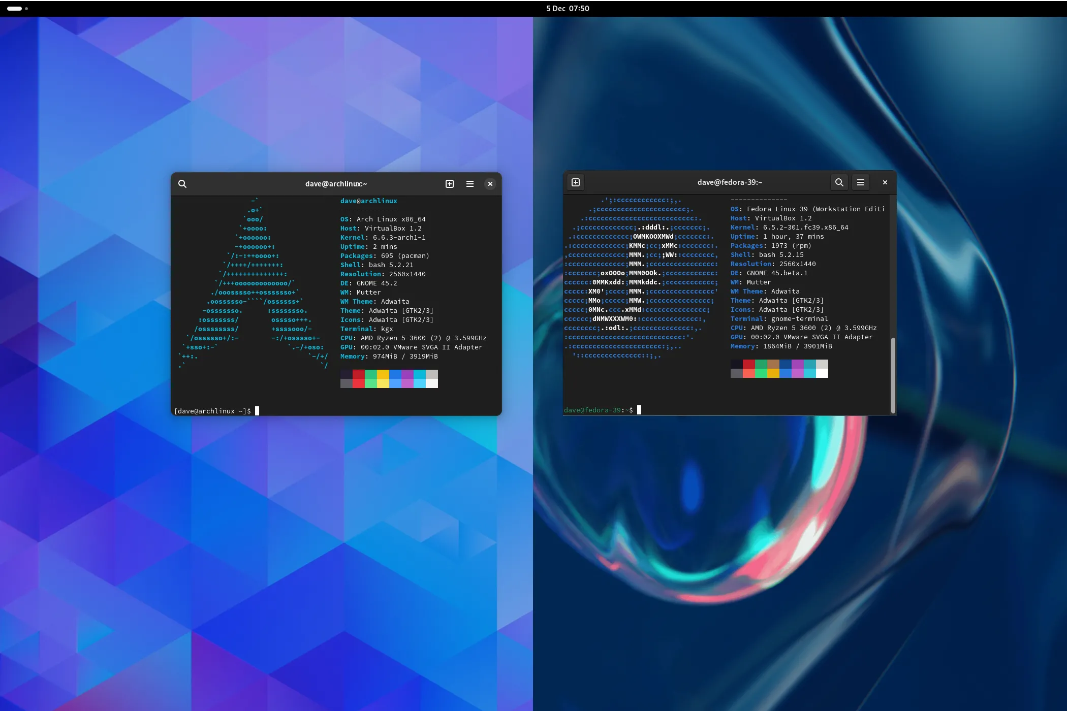 Màn hình nền Arch Linux và Fedora Linux với cửa sổ terminal