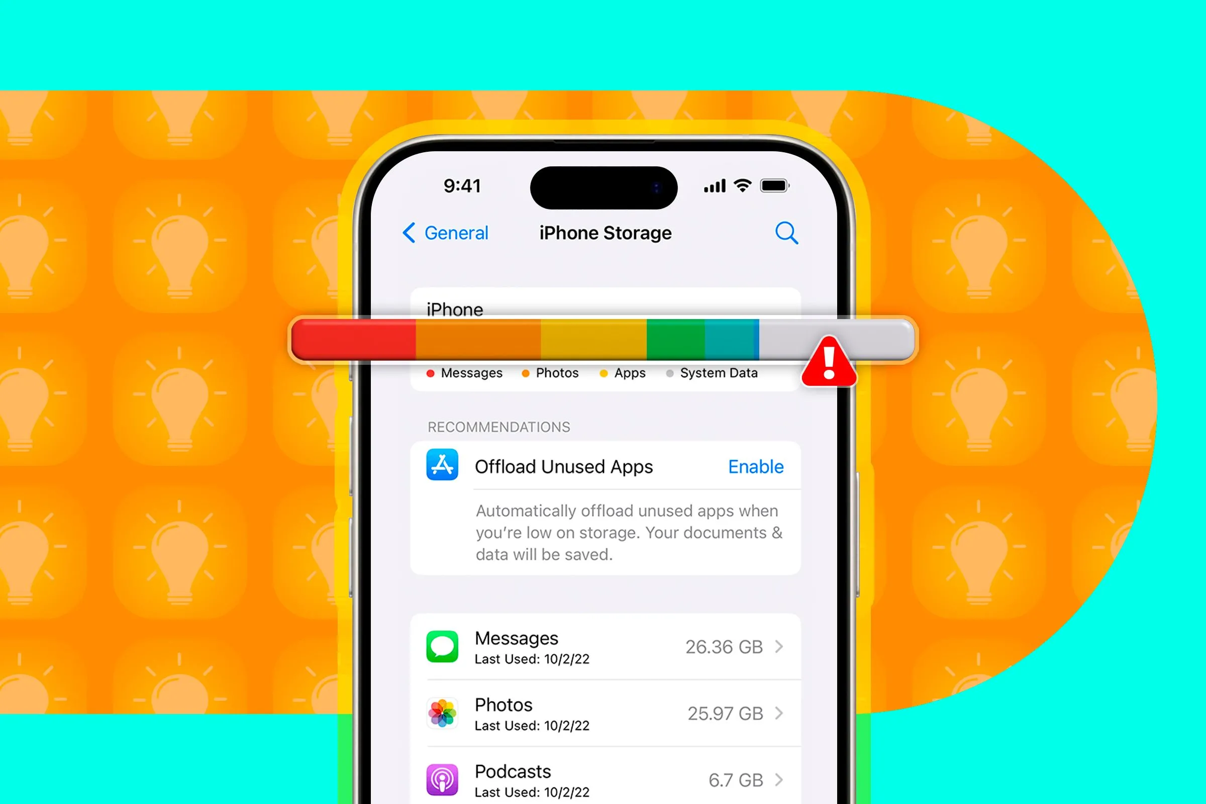 Màn hình quản lý dung lượng lưu trữ trên iPhone, hiển thị không gian đã sử dụng và cảnh báo đầy bộ nhớ.