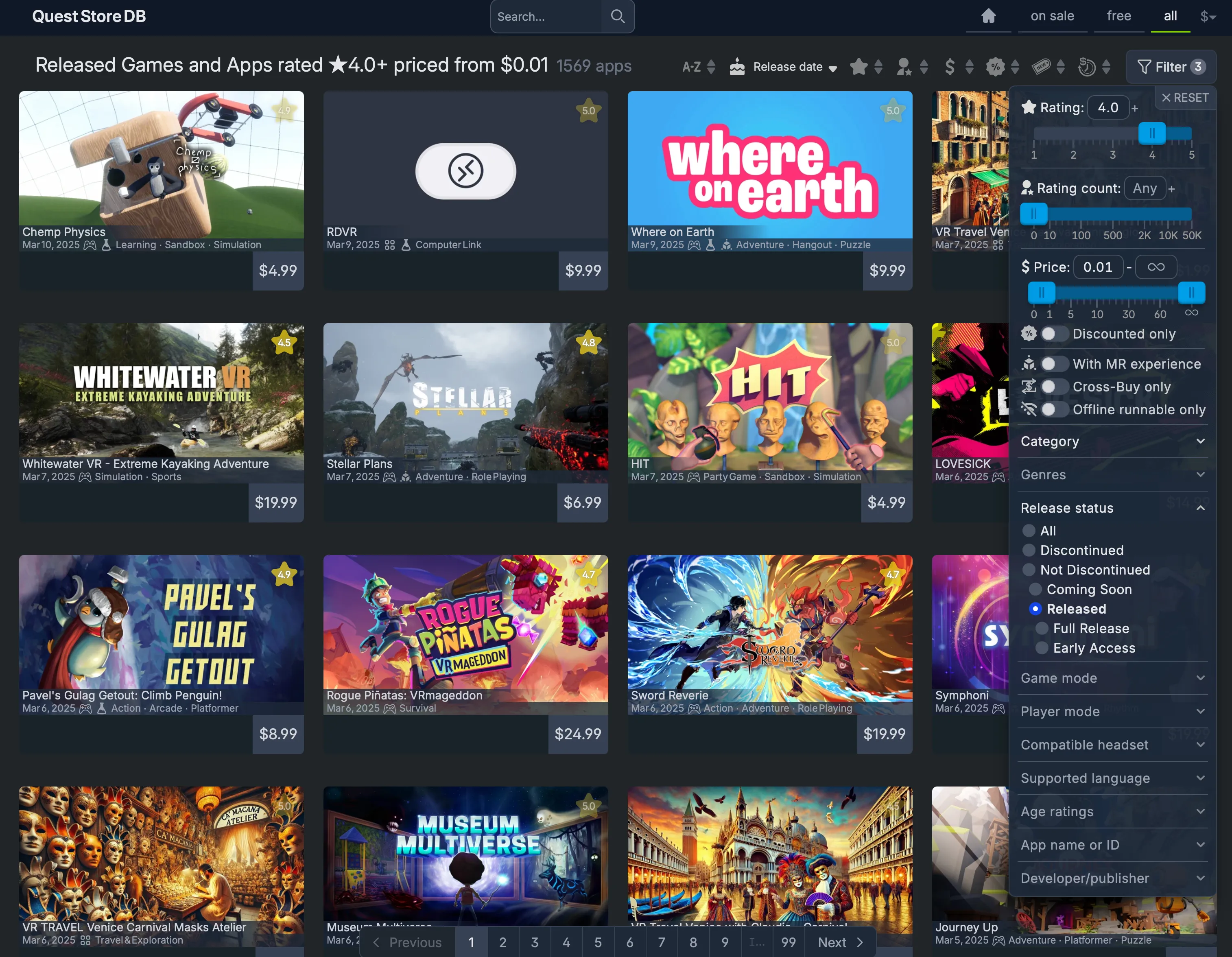 Màn hình Quest Store DB đang sử dụng các bộ lọc để sắp xếp và loại bỏ các tựa game kém chất lượng, hỗ trợ người dùng Meta Quest.
