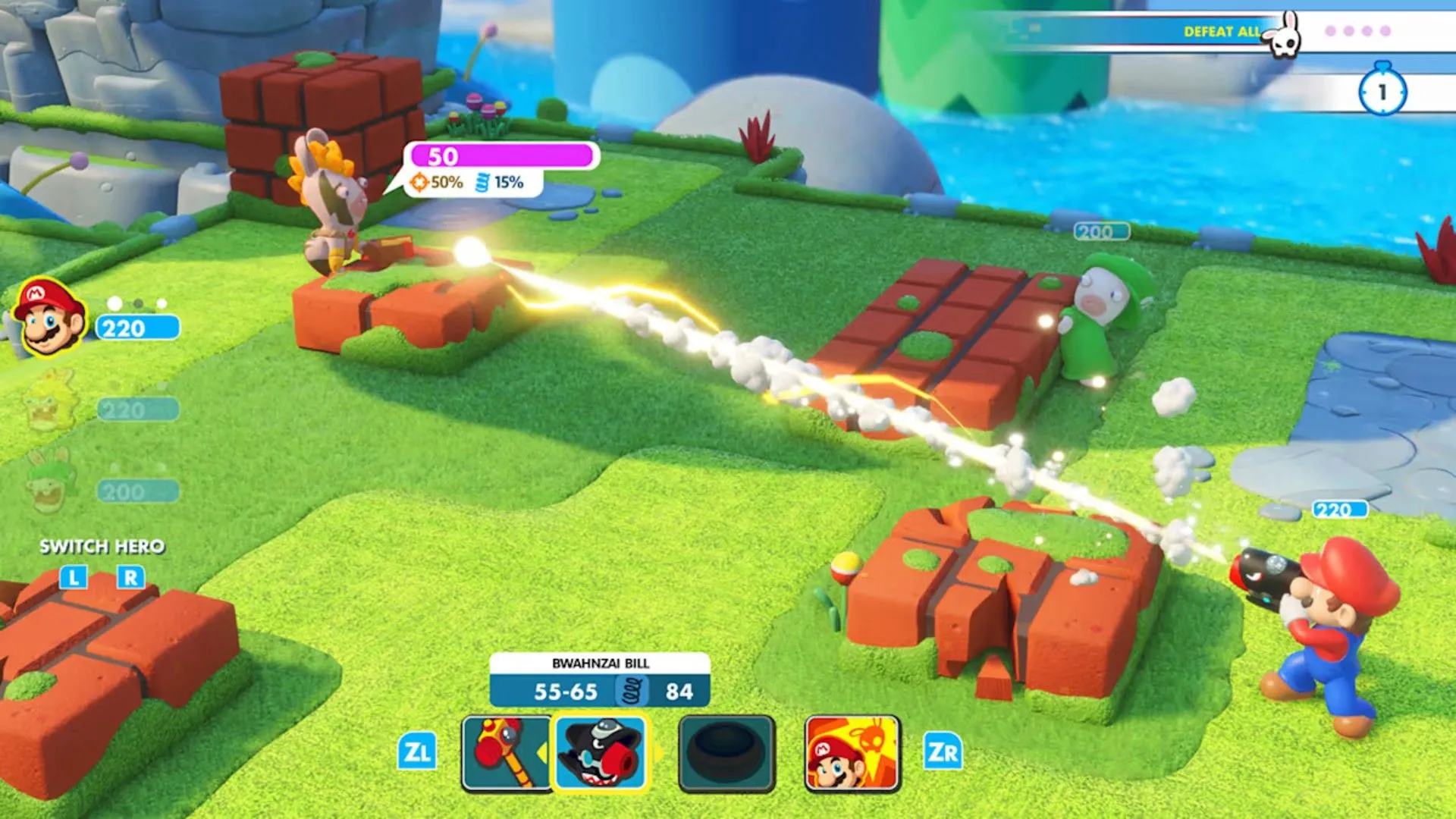 Mario đang nhắm bắn Rabbids trong game Mario + Rabbids Kingdom Battle, minh họa cơ chế chiến đấu theo lượt tương tự XCOM.