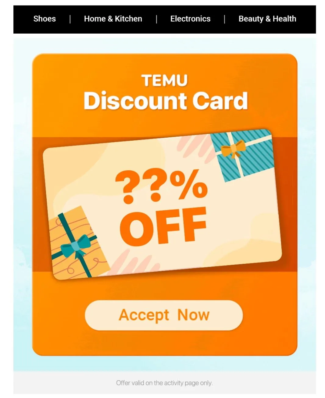 Mẫu email khuyến mãi giảm giá từ Temu, thường đi kèm với tiêu đề gây nhầm lẫn.