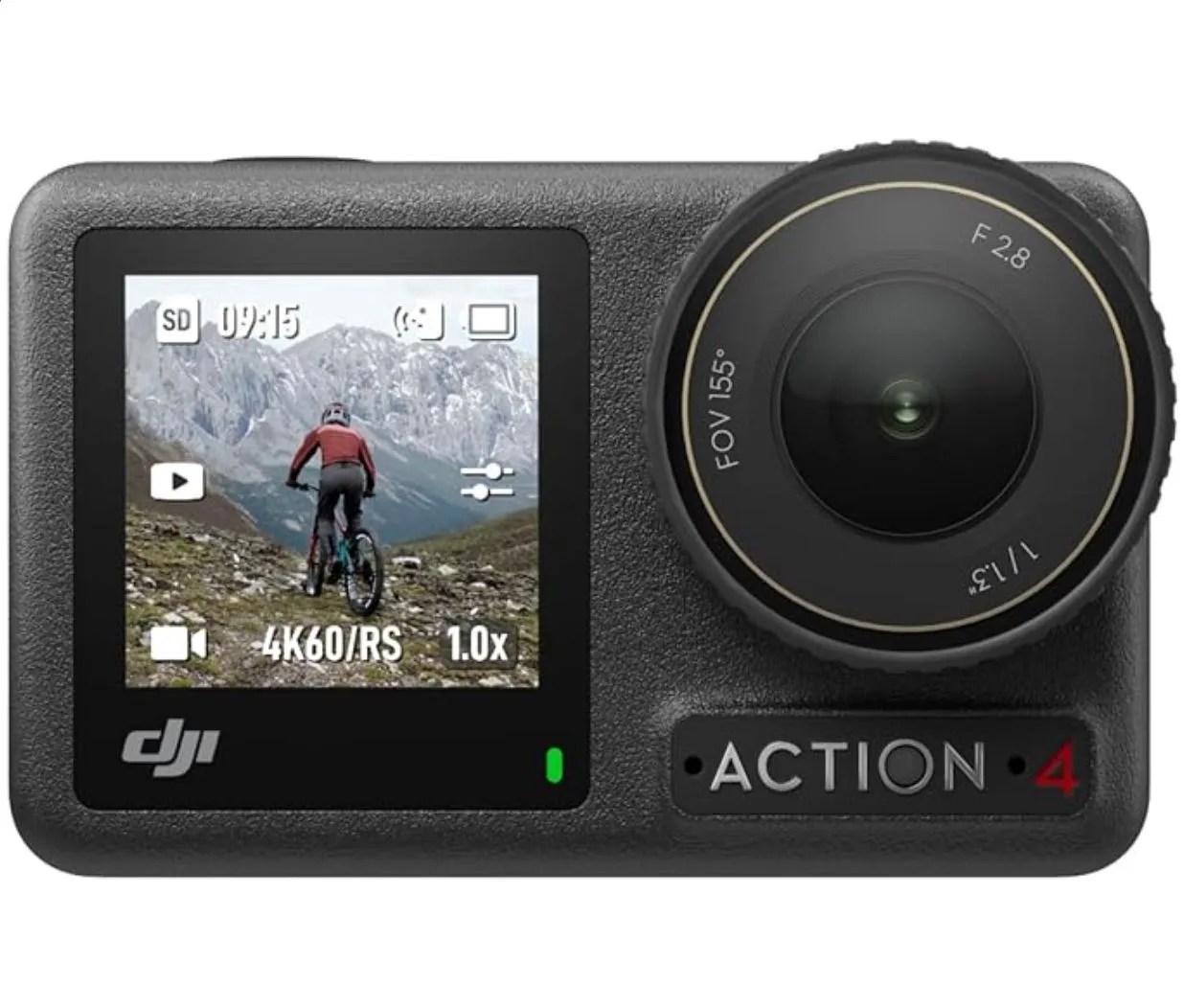 Máy ảnh hành động DJI Osmo Action 4 với màn hình kép hiển thị giao diện.