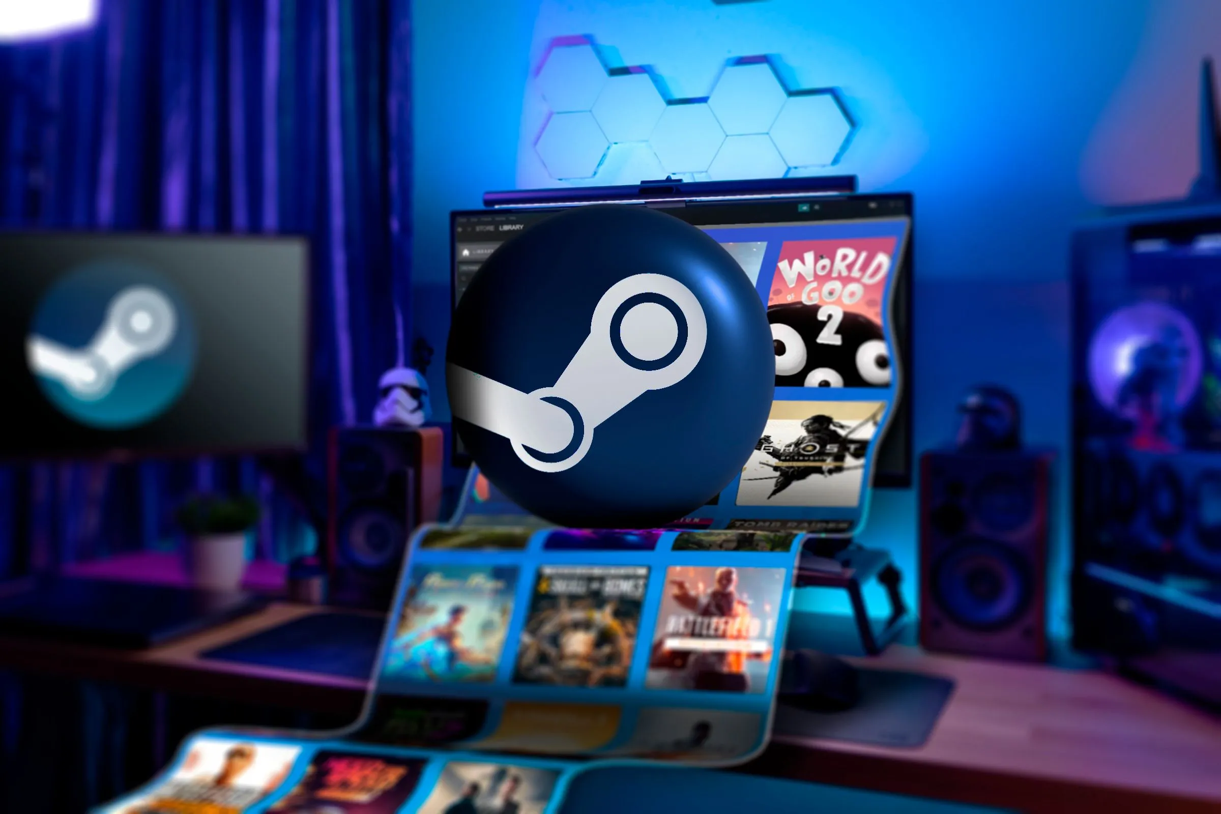 Máy tính chơi game với các trò chơi Steam nổi bật trên màn hình