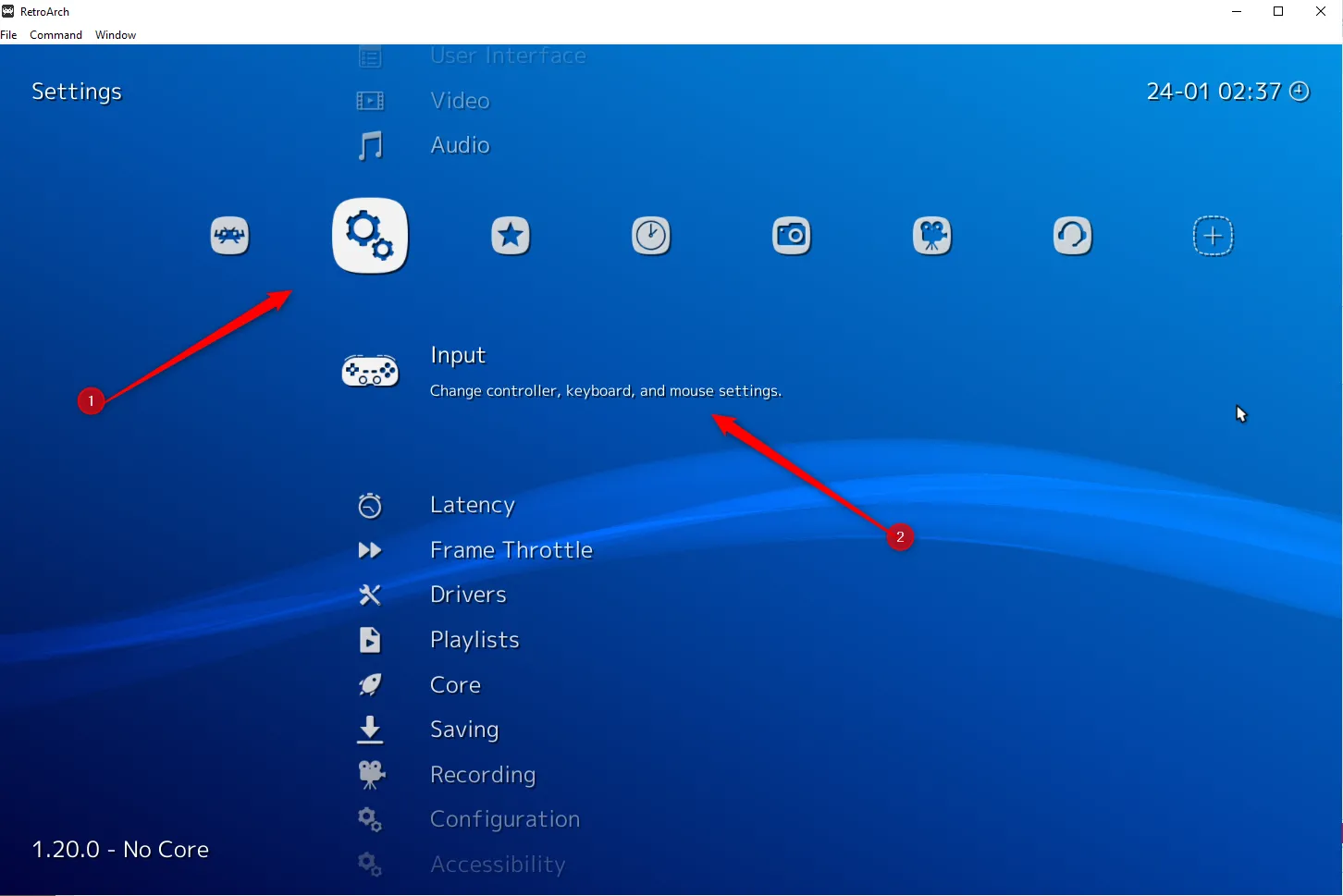 Menu Settings (Cài đặt) trong RetroArch