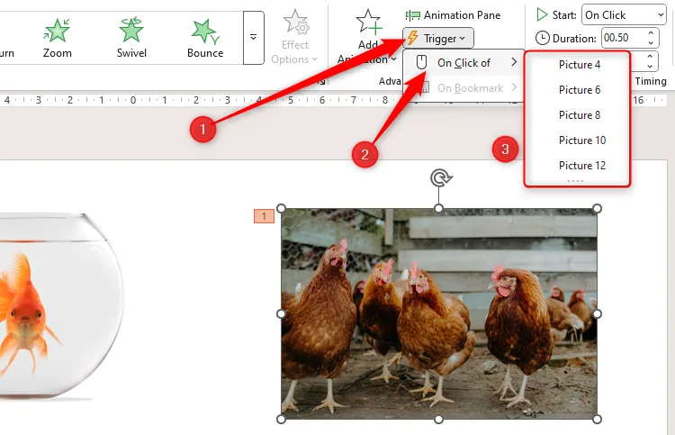 Menu Trigger của PowerPoint với tùy chọn &quot;On Click Of&quot; được chọn và danh sách các đối tượng hình ảnh chưa được đặt tên