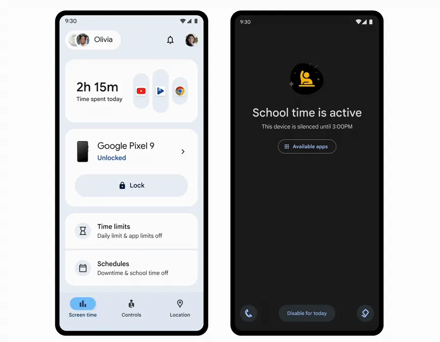 Minh họa tính năng School Time giúp giới hạn ứng dụng và thông báo trong giờ học trên Google Family Link.