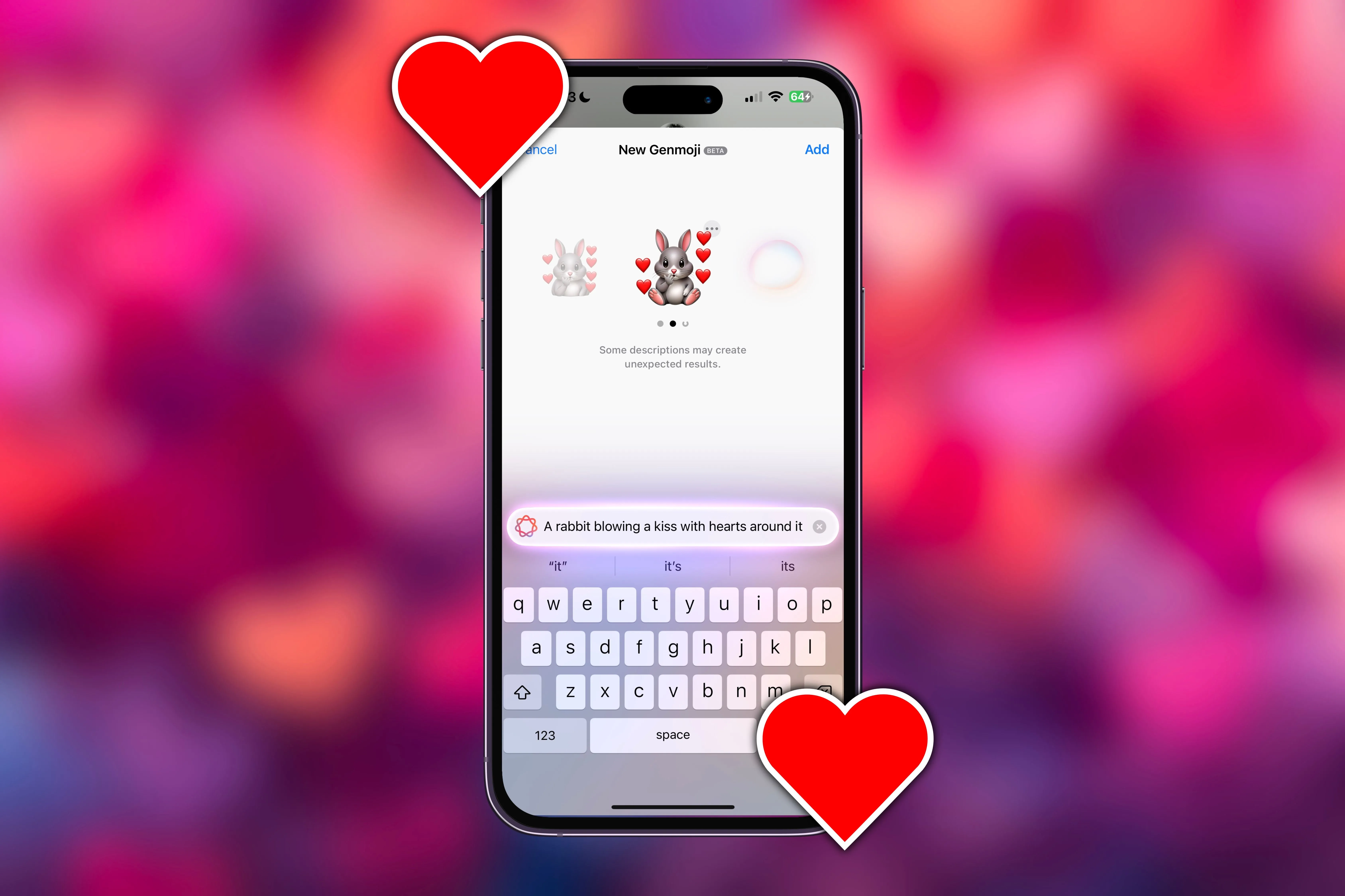 Một chiếc iPhone hiển thị biểu tượng Genmoji được cá nhân hóa với hình ảnh người đang thổi nụ hôn và trái tim, minh họa khả năng tạo emoji độc đáo bằng Apple Intelligence.