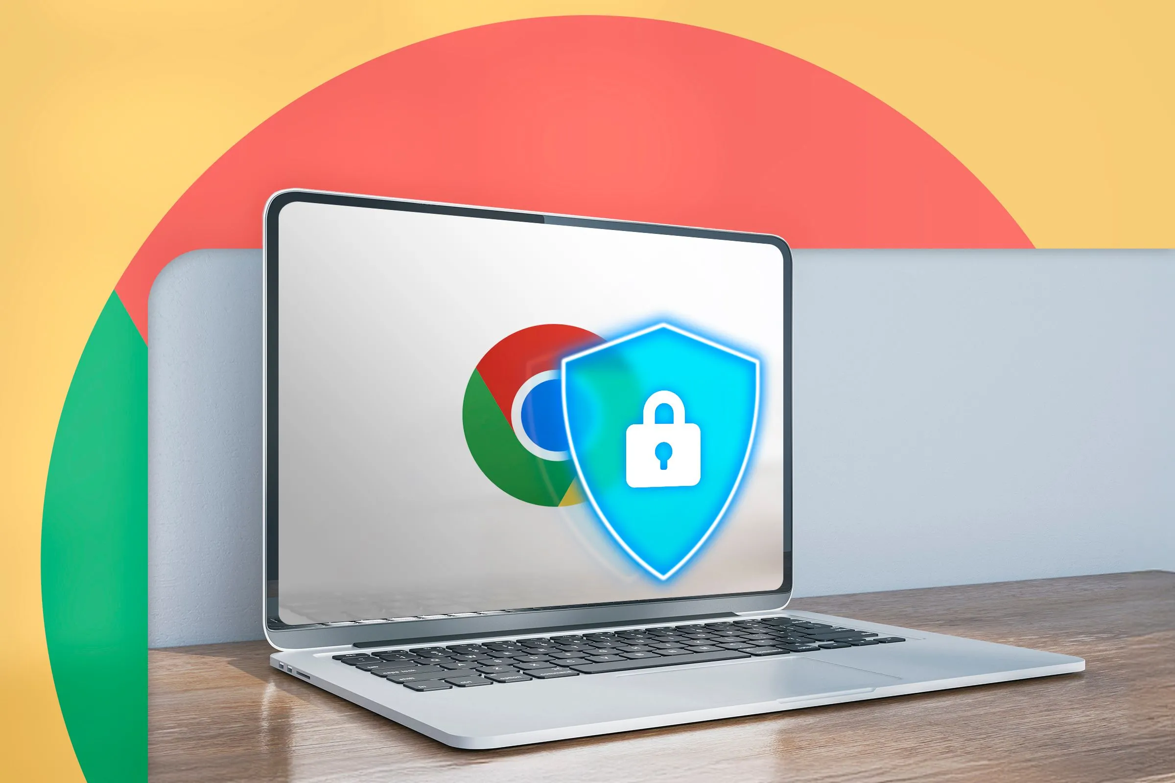 Một chiếc laptop hiển thị logo Chrome cùng lá chắn bảo mật, tượng trưng cho việc chế độ ẩn danh không bảo vệ khỏi phần mềm độc hại.