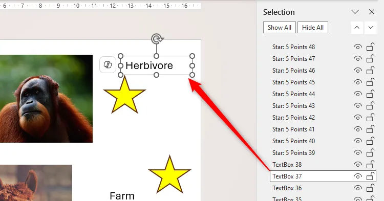 Một đối tượng được chọn trong Selection Pane và đối tượng tương ứng trên slide PowerPoint được tô sáng