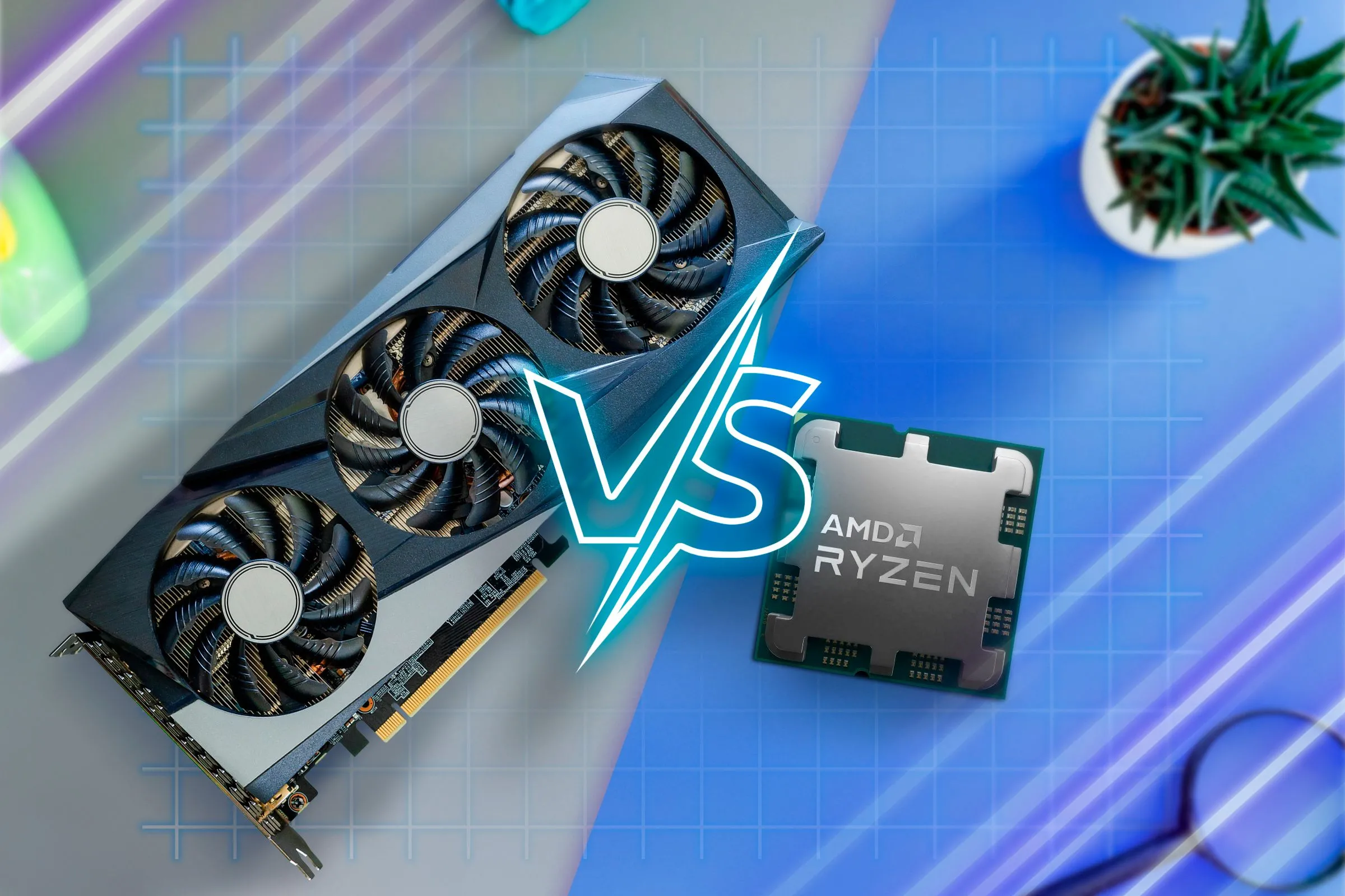 Một GPU và một CPU đặt trên bàn, kèm biểu tượng so sánh