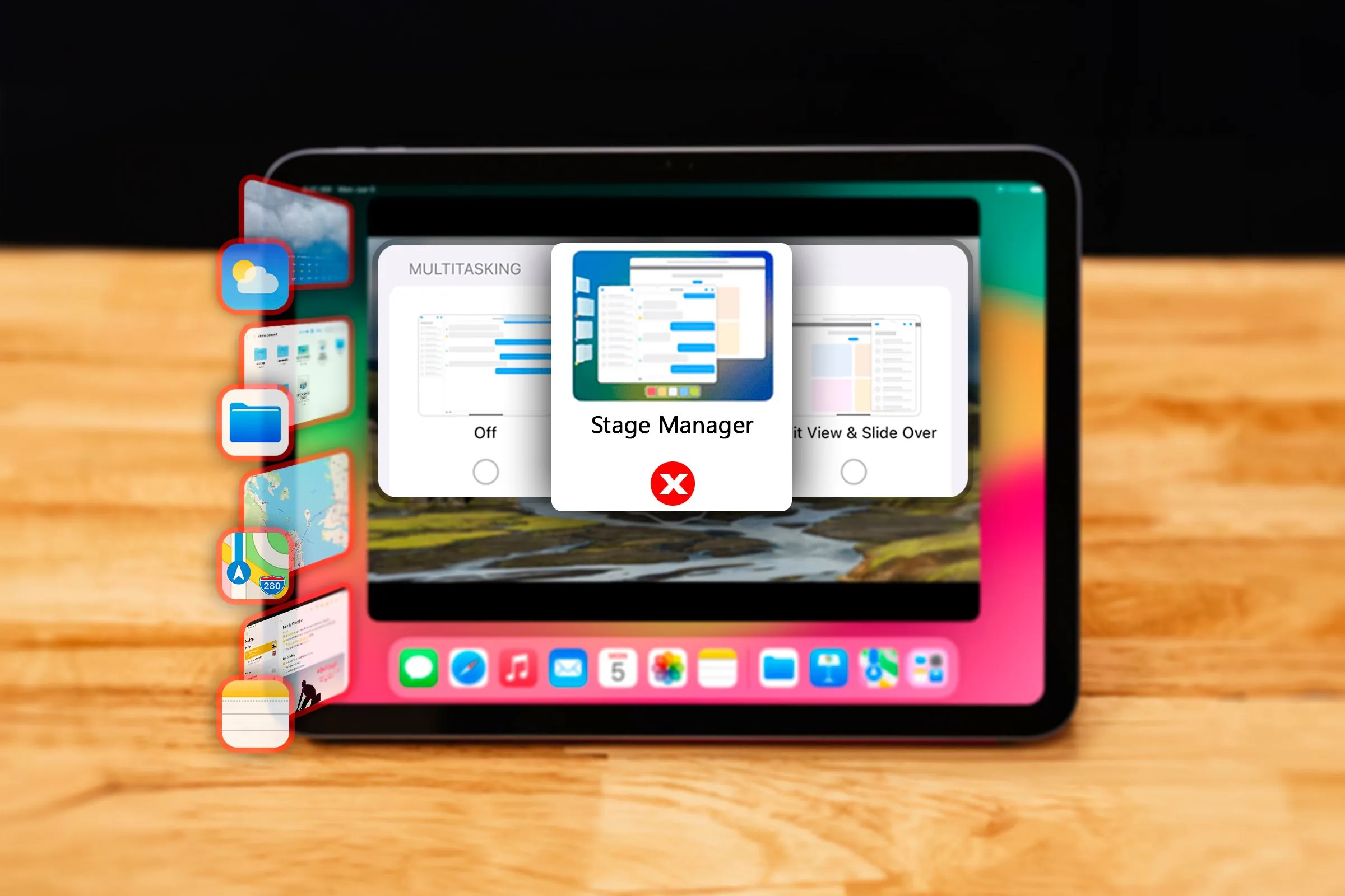 Một iPad hiển thị Stage Manager và cài đặt đa nhiệm.