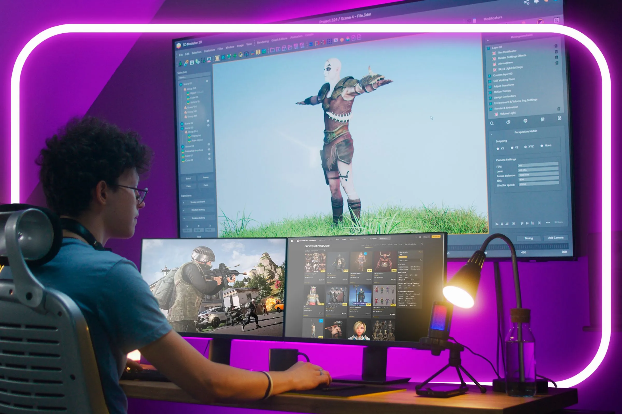 Một nhà thiết kế game đang làm việc với ba màn hình, một trong số đó hiển thị Unreal Marketplace, minh họa quá trình tạo game nhanh gọn và đôi khi là 'asset flip'.
