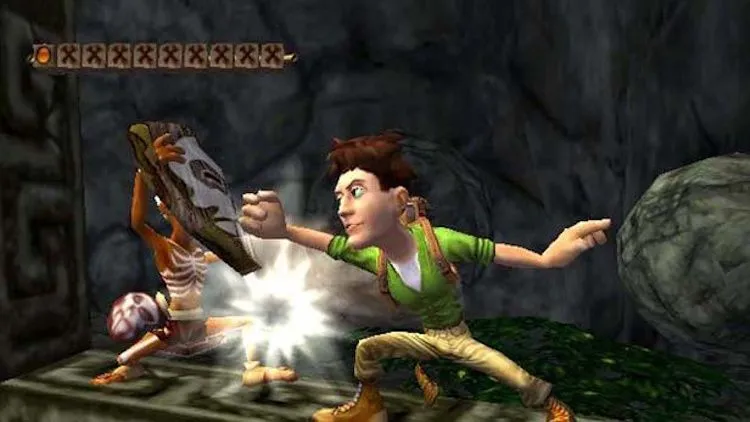 Một thợ săn kho báu chiến đấu với người đàn ông đeo mặt nạ trong Pitfall The Lost Expedition.