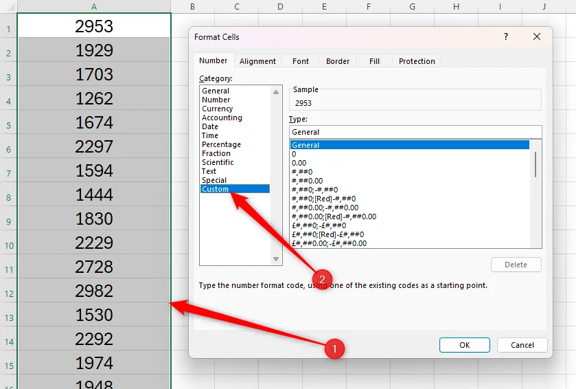 Một vùng ô chứa số trong cột A của Excel được chọn, và định dạng tùy chỉnh Custom trong hộp thoại Format Cells được mở