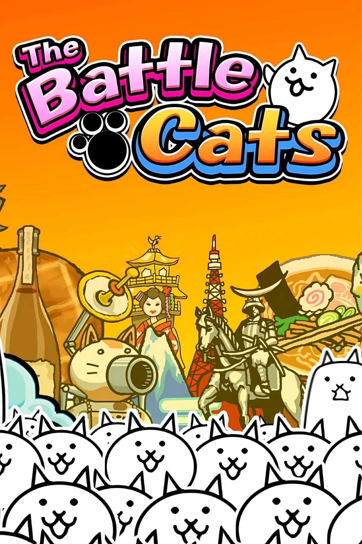 Nghệ thuật bìa game The Battle Cats với các nhân vật mèo ngộ nghĩnh và phong cách đồ họa độc đáo của tựa game phòng thủ tháp này.