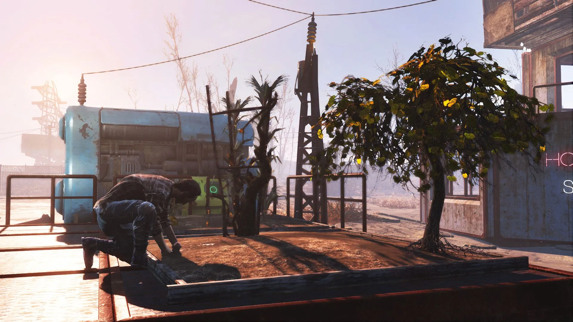 Người chơi xây dựng và chăm sóc nông trại trong khu định cư của Fallout 4, thể hiện cơ chế xây dựng căn cứ trong game.
