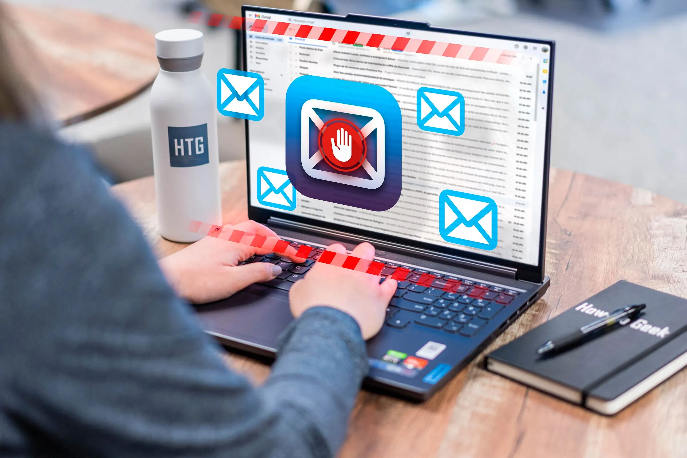 Người phụ nữ đang sử dụng laptop với các biểu tượng email nổi lên, tượng trưng cho việc quản lý email cá nhân trên thiết bị công việc.