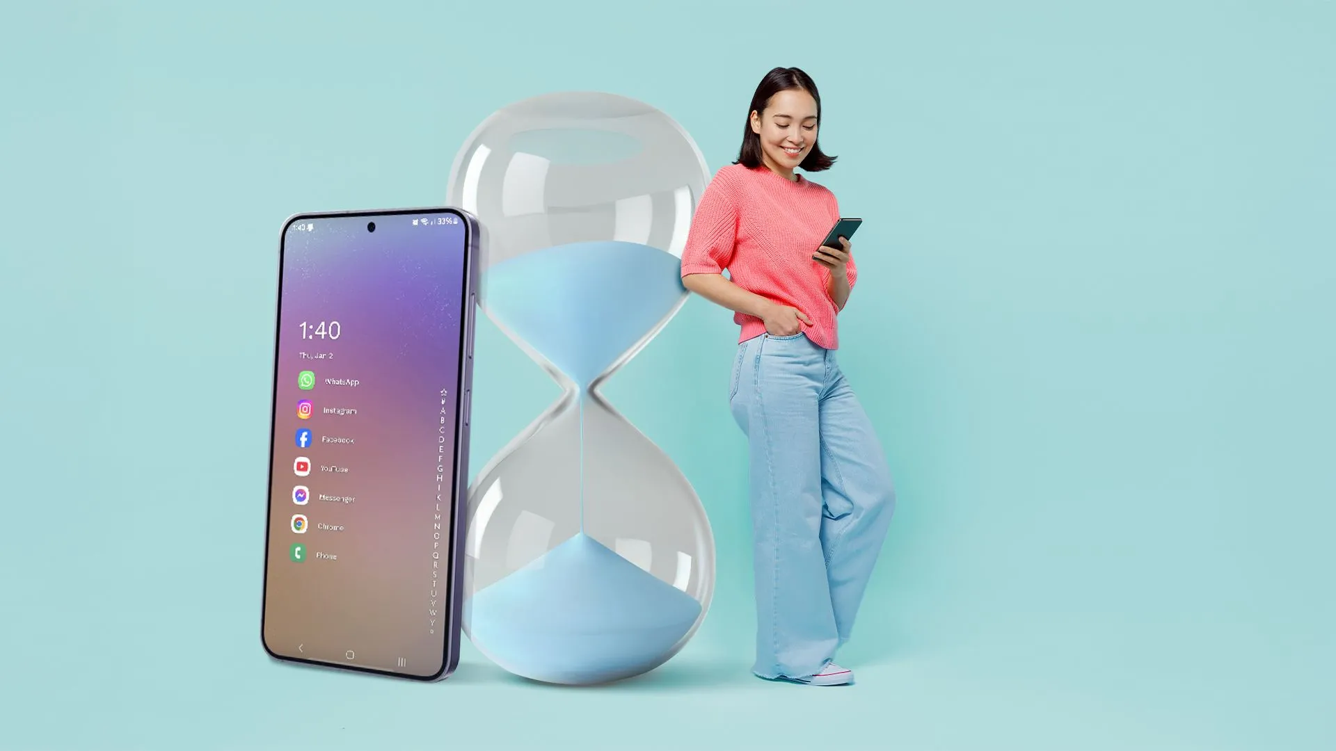 Người phụ nữ sử dụng điện thoại với đồng hồ cát, biểu trưng cho việc quản lý thời gian sử dụng điện thoại hiệu quả.