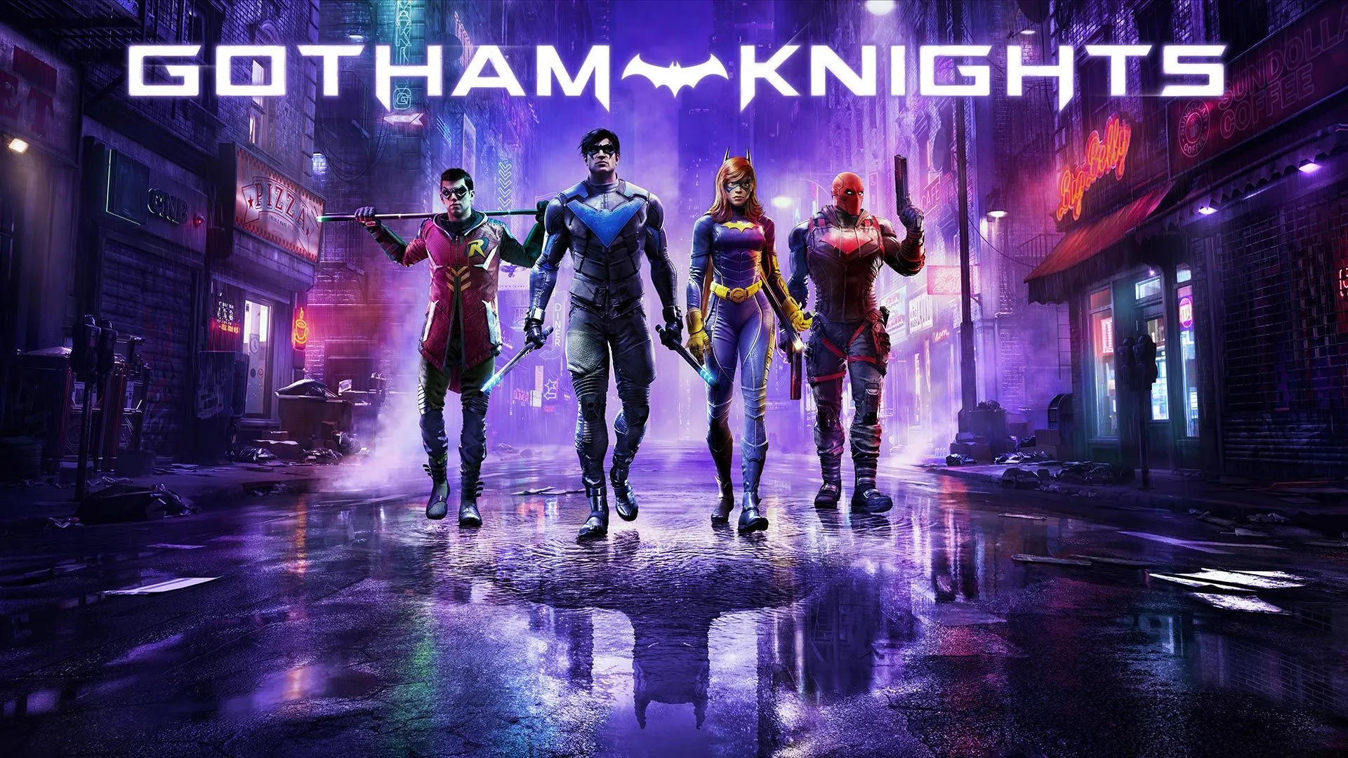 Nightwing, Robin, Batgirl và Red Hood từ truyện tranh DC cùng đi bộ trên đường phố.